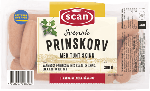 607257 Prinskorv tunt skinn 300g ovan