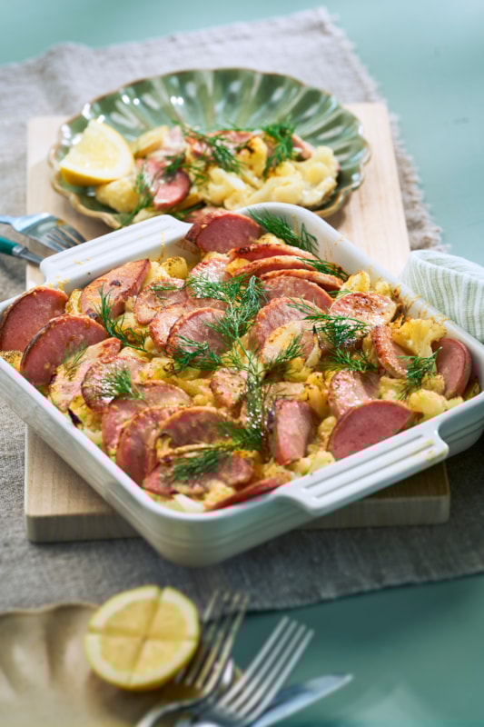 Gratäng med falukorv, potatis & Västerbottensost