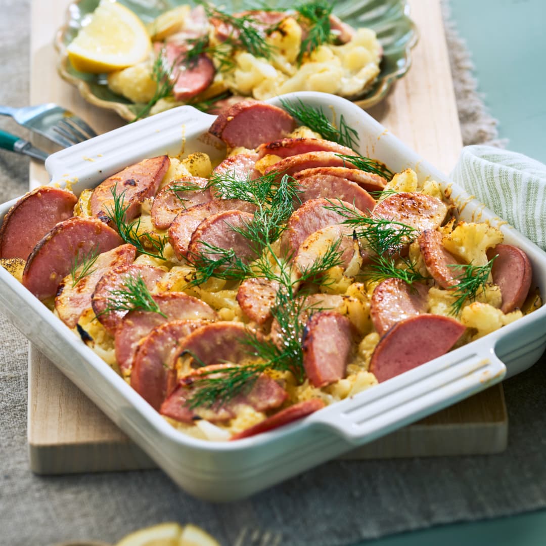 Gratäng med falukorv, potatis & Västerbottensost