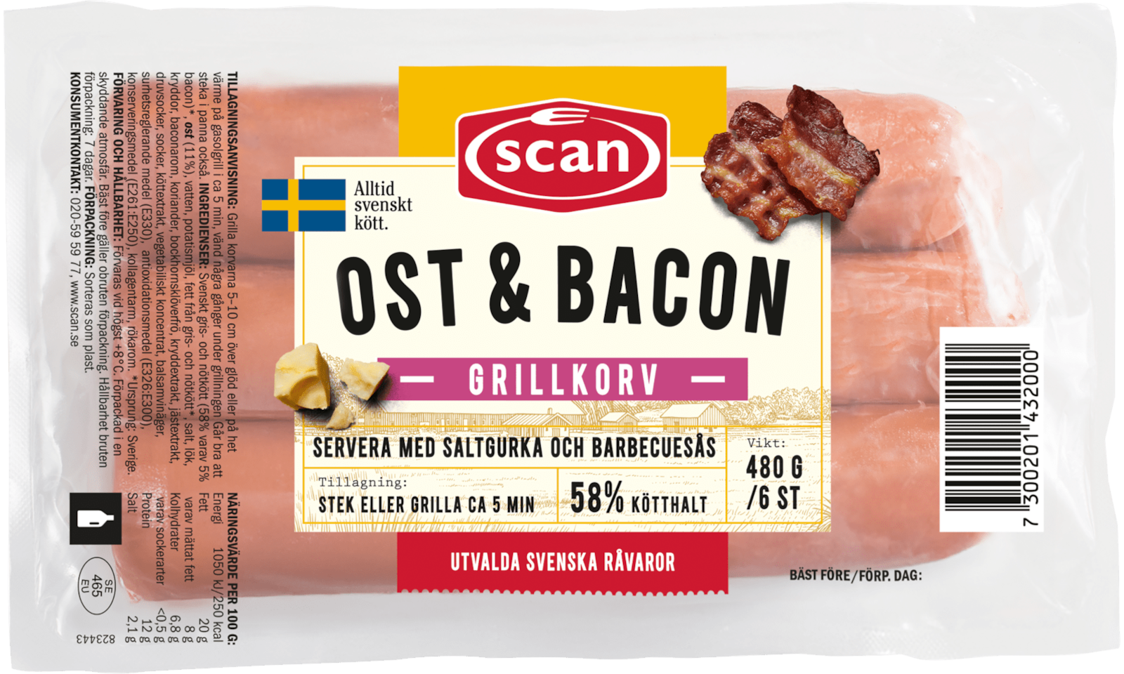 606156 Grillkorv ostbacon 480g ovan