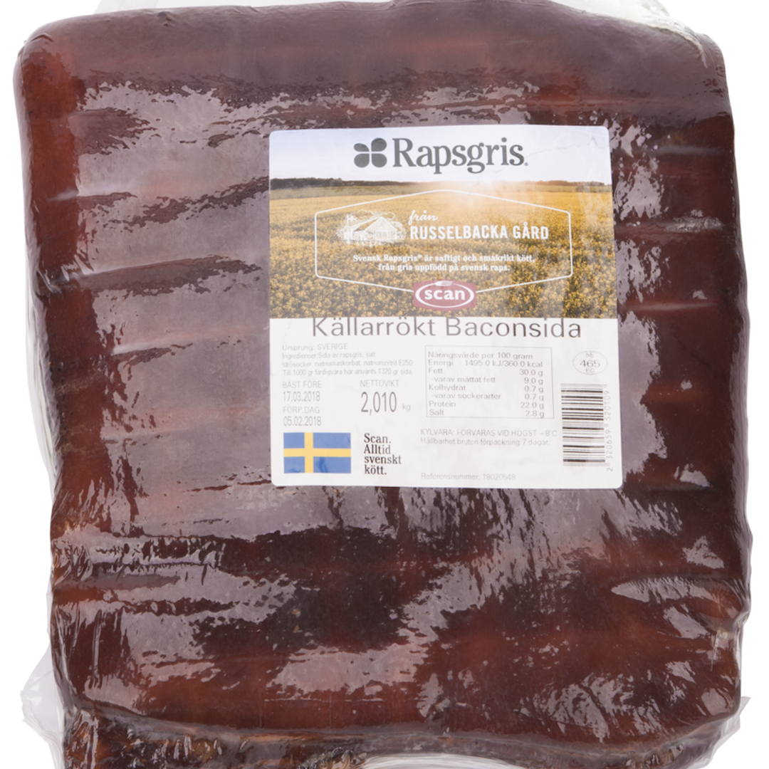 Källarrökt Baconsida av Rapsgris