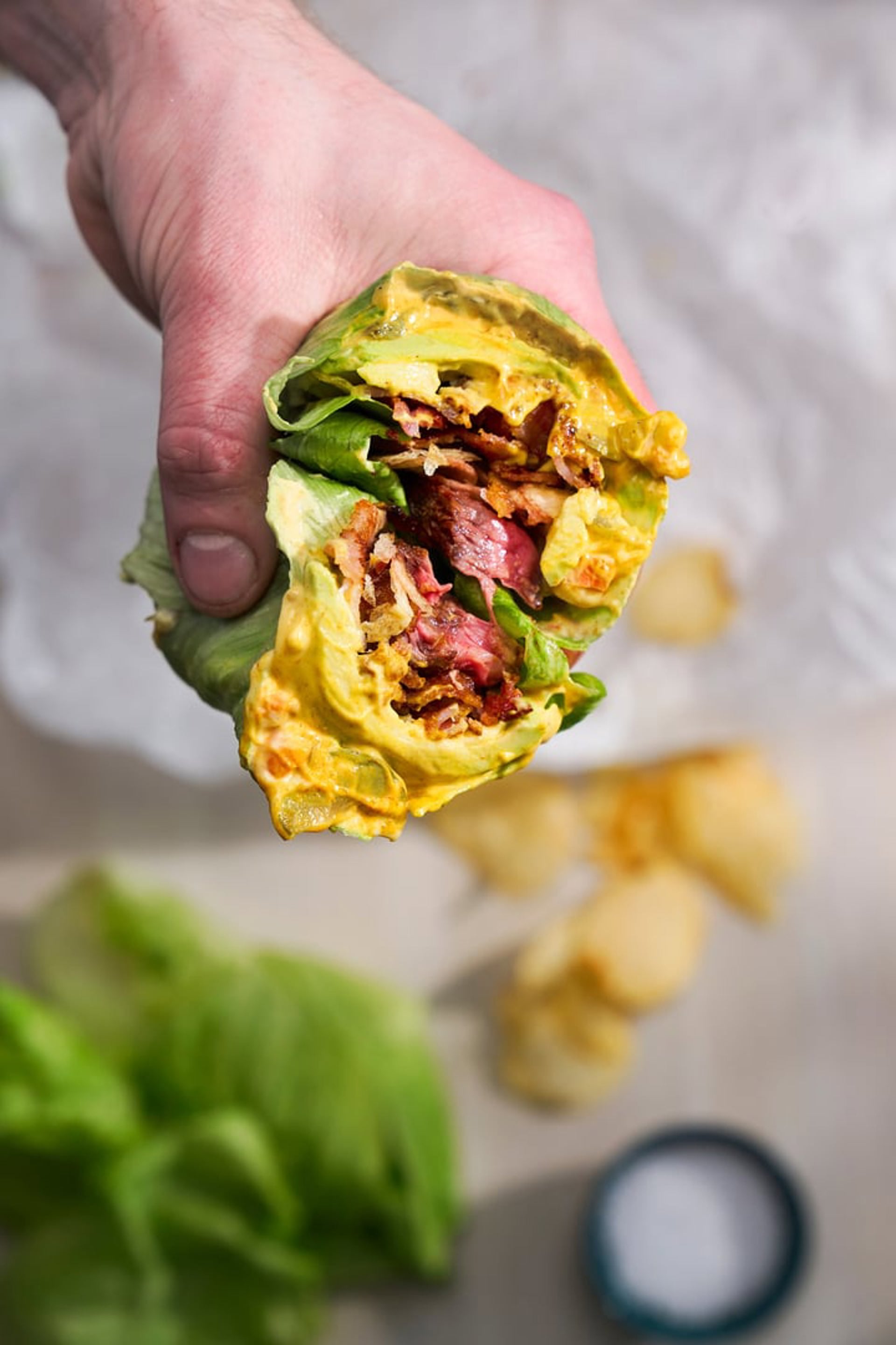 Krispig bacon entrecote wrap med Dansk remoulad